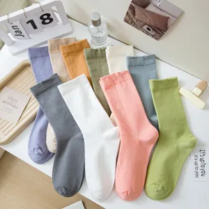Chaussettes Mi-hautes en Coton Couleur Unie Automne Hiver pour Femmes Épaissies Chaudes Couleurs Morandi Décontracté Mode Quotidienne