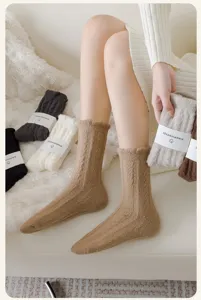 Close up view of cozy thick cable knit wool blend warm socks in winter lifestyle setup.
