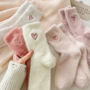 Women Winter Thickened Faux Mink Fleece Mid-Calf Socks Sweet Heart Embroidery Plush Warm Cozy Hosiery