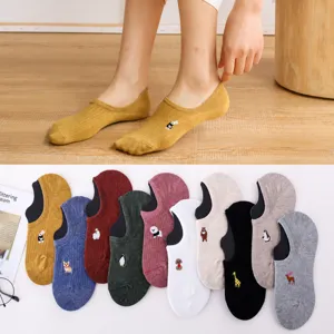 Women Cotton Shallow Mouth Invisible Boat Socks Cute Animal Embroidery Anti-Slip Low Cut Short Socks Spring Summer