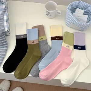 Spring summer women mid tube combed cotton color block sweet stack socks fashion versatile long socks