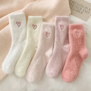 Fluffy plush winter mid-calf socks for women with cute heart embroidery, warm and cozy 5-pack.