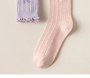Women ruffled mid-calf socks detail, cute bow embroidery knit texture cozy winter wear
