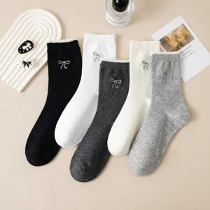 Japanese sweet bow lace mid-tube socks autumn winter solid versatile cotton women socks