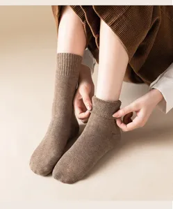 Women's thick thermal loop socks for winter, cozy brown calf-high knitted warm socks detail.