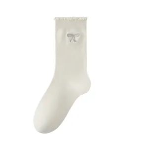 Sweet Japanese style bow lace mid-calf socks for women, cute solid color cotton autumn winter