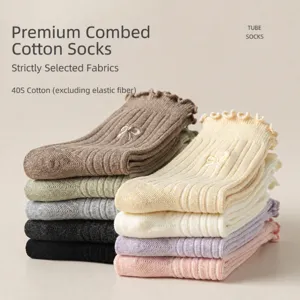 Women Cute Lace Bow Embroidered Mid Tube Socks Japanese Sweet Style Casual Comfy Cotton Crew Socks