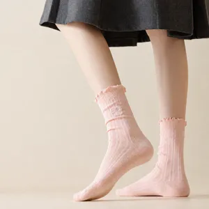 Women pink ribbed mid-calf socks cute bow embroidery lace trim casual comfy hosiery