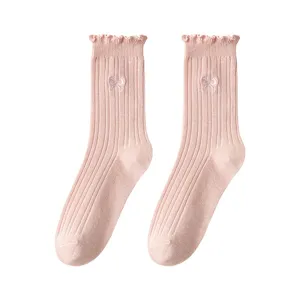 Women pink ruffle bow mid-calf socks cute sweet knitted ribbed hosiery daily wear chic