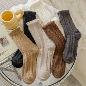 Thickened plush warm mid-tube socks, autumn and winter soft cozy cable knit fuzzy socks for women.