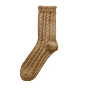 Thickened warm winter wool socks, solid color cable knit mid-tube cozy home sleeping socks.