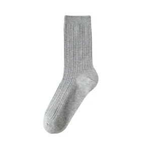 Grey ribbed cotton crew socks for women, comfortable daily casual mid-tube knit hosiery.
