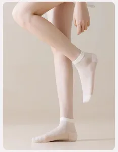 Detail view of summer thin breathable mulberry silk short socks for women, soft and cool.