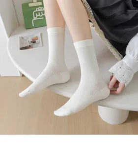 White mesh mid-calf socks for women, lightweight cotton summer breathable socks for daily wear.