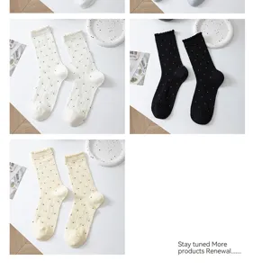 Cotton polka dot lace ruffle mid-tube socks for women, breathable and stylish summer daily wear.