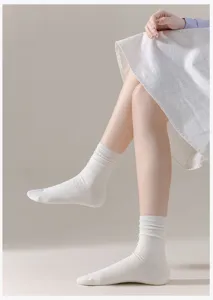 Women white cotton mid-calf stacking socks summer thin breathable soft anti-pilling socks