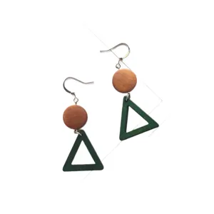 Geometric wooden drop earrings featuring green hollow triangles and natural wood beads.