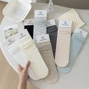 Women solid color stacked cotton crew socks sweet ins style comfortable daily wear
