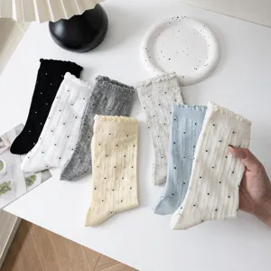 Summer women pure cotton thin cream polka dot lace mesh breathable solid vertical socks