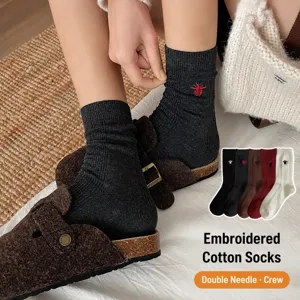 Chaussettes Mi-Botte en Laine Chaudes d'Hiver pour Femmes Vintage Broderie Motif Abeille Doux Confortable Vêtements Quotidiens Casual