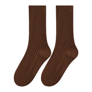 Women thick brown wool knit mid-tube socks, warm winter casual ribbed solid color hosiery