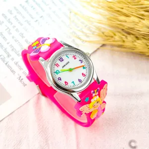 Montre à quartz papillon mignonne pour fille, détails avec chiffres colorés et bracelet rose.