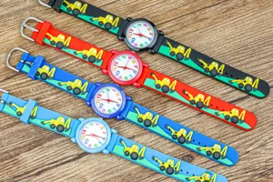 Children quartz watch detail, colorful cartoon excavator strap design, clear dial numbers.
