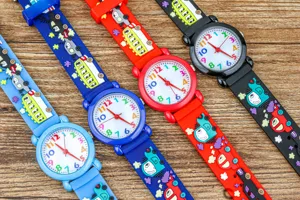 Kids cute cartoon car quartz watch with soft silicone strap for boys learning time display