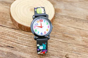 Kids cartoon quartz watch with colorful numbers and cute vehicle strap for boys learning time