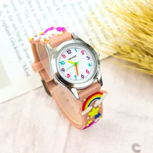Montre quartz enfant avec bracelet rose arc-en-ciel licorne et chiffres colores pour filles