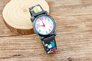 Kids cartoon quartz watch with colorful numbers and black strap for boys daily wear.