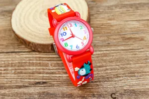 Kids cartoon quartz watch detail view featuring vibrant red silicone strap and colorful numbers.