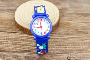 Kids cartoon quartz watch with colorful numbers and cute vehicle strap for boys learning time.