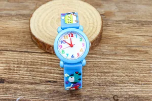 Kids cartoon quartz watch with colorful numbers and cute vehicle strap for boys daily wear time.