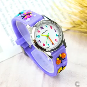 Montre quartz papillon mignon fille bracelet silicone violet cadran coloré enfant