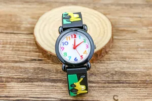 Children cartoon excavator quartz watch detail, colorful numbers dial, cute kids timepiece.