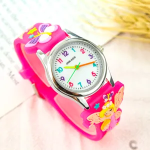 Montre à quartz mignonne pour fille avec bracelet en silicone rose et papillon 3D.