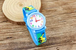 Kids cartoon quartz watch with blue excavator strap and colorful dial numbers for boys.