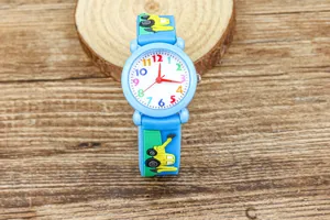 Detailed view of children cartoon quartz watch with excavator strap and colorful numbers dial.