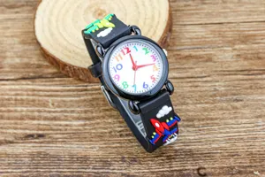 Children's cartoon quartz watch with colorful numbers, cute airplane strap for boys learning time.