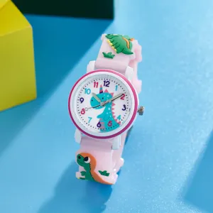 Kids 3D cartoon dinosaur quartz watch with pink strap, cute gift for boys and girls.