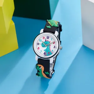 Close-up of kids 3D cartoon dinosaur quartz wristwatch with colorful dial and silicone strap.