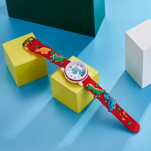 Children 3D cartoon dinosaur quartz watch detail shot, vibrant red silicone strap with cute design.