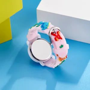 Kids 3D cartoon dinosaur quartz watch with pink silicone strap, cute wrist watch for gifts.