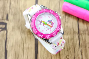 Kids cute unicorn quartz watch with white silicone strap and pink bezel detail for girls