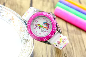 Childrens cartoon unicorn quartz watch with pink bezel and soft silicone strap for girls.