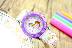 Kids cute unicorn watch detail view, purple bezel silicone strap children quartz wristwatch