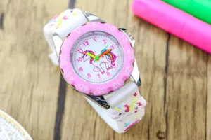 Children's cute unicorn silicone watch with pink bezel and vibrant dial design for girls.