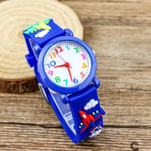 Kids cartoon quartz watch with colorful numbers and 3D airplane strap for boys daily wear.