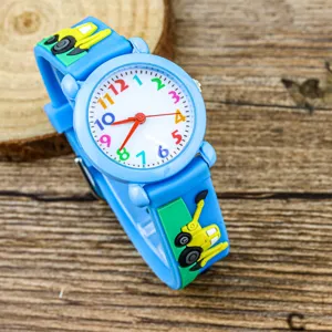 Kids cartoon quartz watch with cute 3D excavator strap, colorful dial numbers for boys.